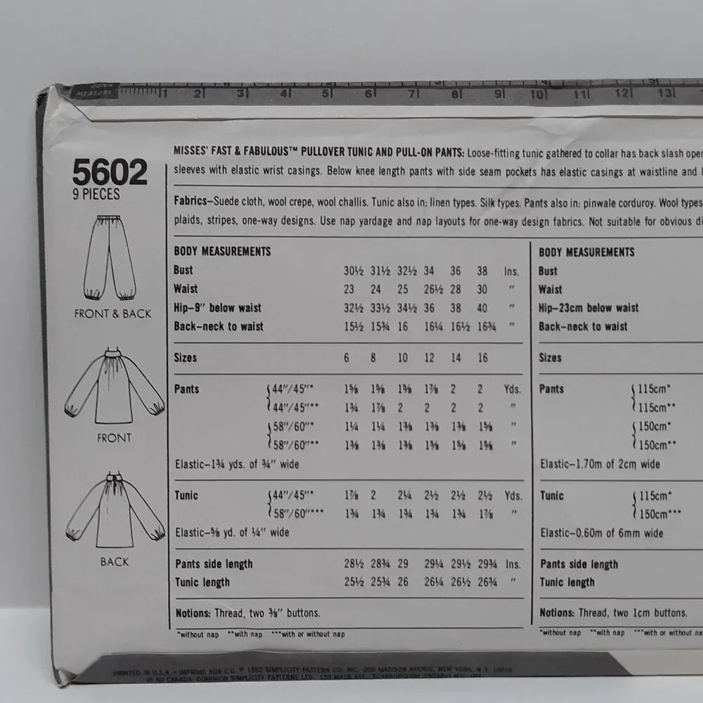 NEW Vintage Simplicity Sewing Pattern 5602 Misses Pullover Tunic Pants 10/12/14